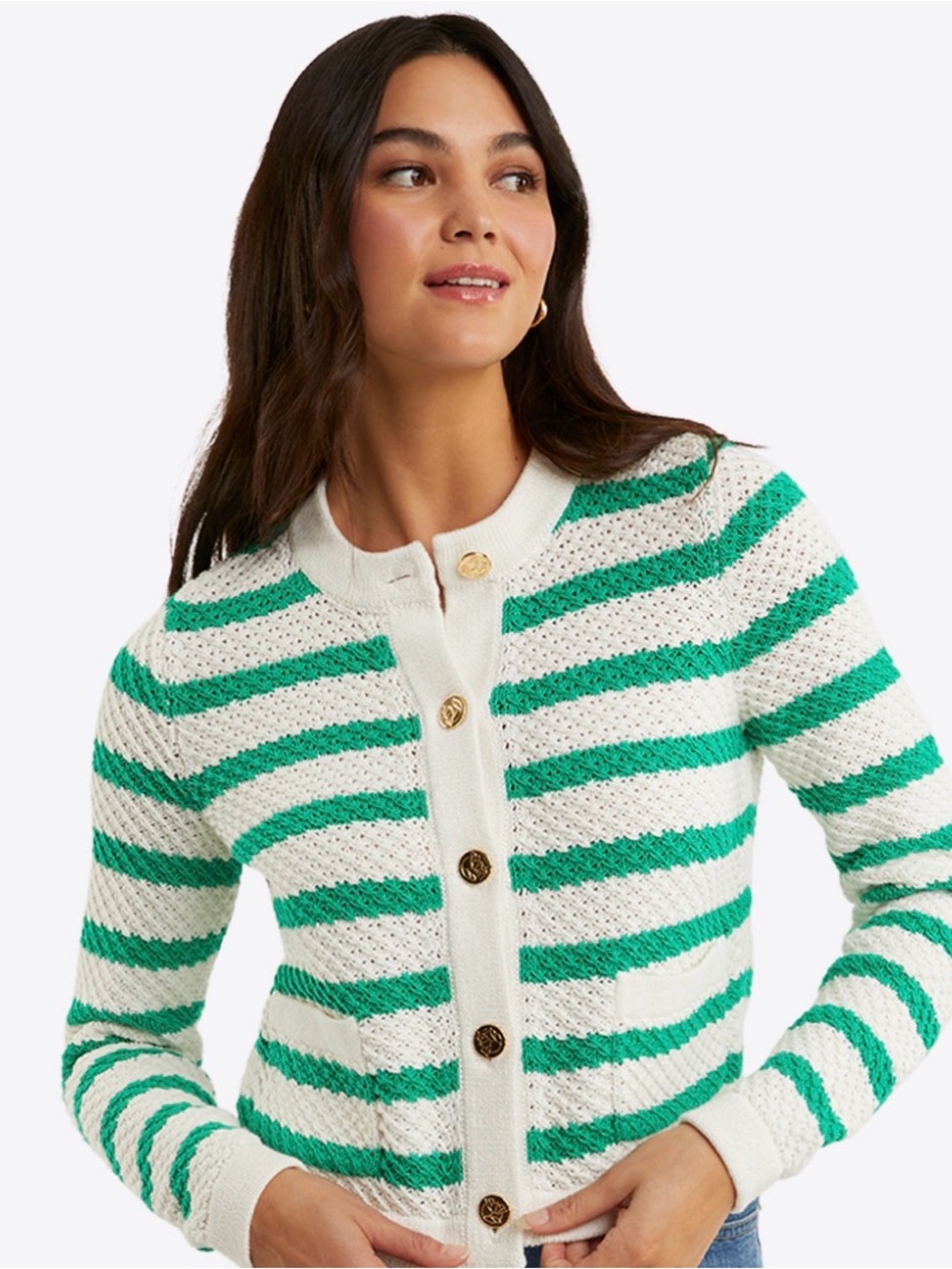 Draper James - Woven Striped Crewneck Cardigan - Green & White